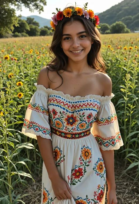 score_9, score_8_up, masterpiece, best quality, absurdres, amazing quality, ultra realistic, soft lighting, olive skin, (mexican woman), beautiful face, long wavy dark brown hair, flower crown, traditional mexican dress, colorful embroidery, off-shoulder b...