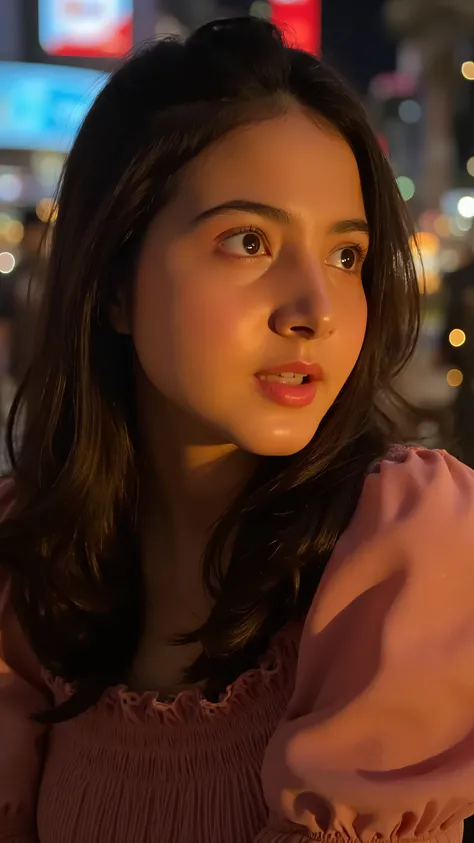 > Close-up portrait of a beautiful 22-year-old Asian woman, long black hair sparkling in the wind,  glowing smooth skin , astonished expression with big eyes wide open and lips slightly ajar, alis terangkat. Golden light highlights from the side combine wi...