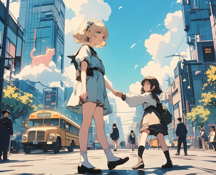 Vintage anime art style, in pastel colors, athetic, detaleid, illustrated by professional artist . An expressive girl with short, light blonde hair, a small ponytail on the side with a blue scrunchie, large blue eyes, and a small mouth. She is wearing a la...