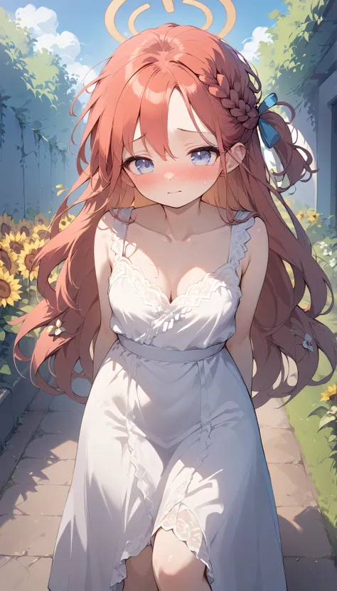 yuzu (blue archive),blue eyes,red hair, long hair,braid,one side up,halo,　solo, I can see my eyebrows from the inside of my hair, hair between eyes,　 is embarrassing, masterpiece, Best Quality, very aesthetic, thick thighs, Wide pelvis,　sleeveless white dr...