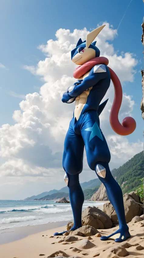 (    masterpiece,     best quality:1.2),Alone,  greninja   macho     \(Pokémon\),Pokémon \(creature\),    full body bikini,          there are no humans,    arms extended   ,     blue skin    ,      tight pants looking at the viewer ,blue sky,  posture: St...