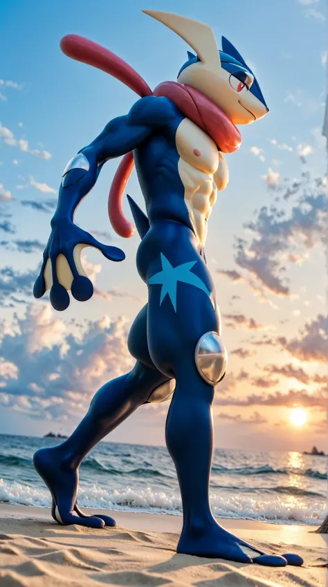 (    masterpiece,     best quality:1.2),Alone,  greninja   macho     \(Pokémon\),Pokémon \(creature\),    full body bikini,          there are no humans,    arms extended   ,     blue skin    ,      tight pants looking at the viewer ,blue sky,  posture: St...