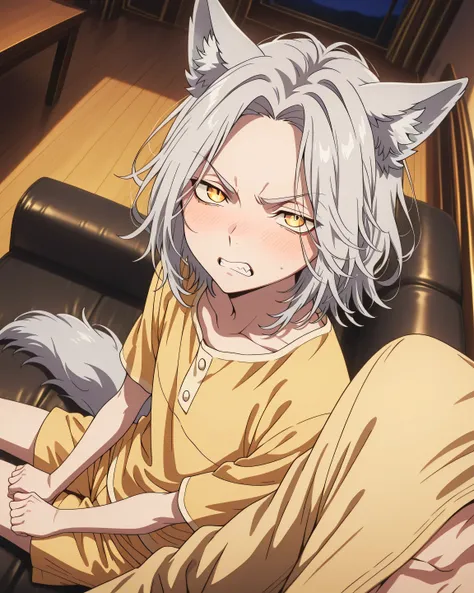 Boy, wolf hybrid, wolf tail, wolf ears, medium hair, parted bangs, silver hair, yellow eyes, vertical pupils, skinny twink, solo, detailed eyes, detailed face, detailed body, adult, detailed living room, evening, detailed eyes, detailed image, looking at v...