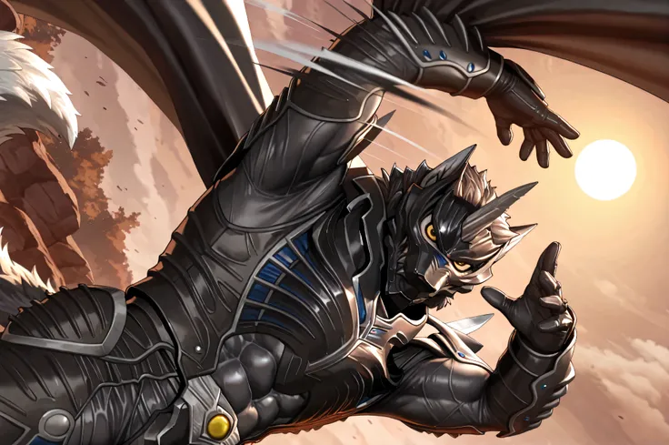 (Zen Aku), Power Rangers Wildforce, wolf, armor, (black body, manly, masculine, mature, muscular, defined muscles, bara), monster male, no human, close up, [from side], looking at viewer, BREAK, (villain pose, dynamic pose, flexible, flipping a cape, flowi...