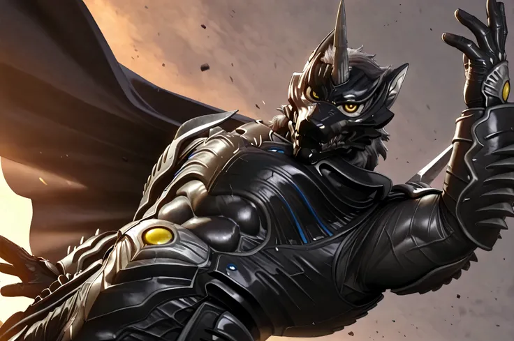 (Zen Aku), Power Rangers Wildforce, wolf, armor, (black body, manly, masculine, mature, muscular, defined muscles, bara), monster male, no human, close up, [from side], looking at viewer, BREAK, (villain pose, dynamic pose, flexible, flipping a cape, flowi...