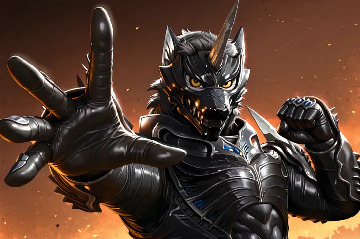 (Zen Aku), Power Rangers Wildforce, wolf, armor, (black body, manly, masculine, mature, muscular, defined muscles, bara), monster male, no human, close up, [from side], looking at viewer, BREAK, dominant, attack, (five fingers, fighting stance, dynamic pos...