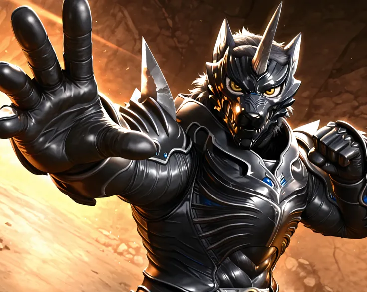 (Zen Aku), Power Rangers Wildforce, wolf, armor, (black body, manly, masculine, mature, muscular, defined muscles, bara), monster male, no human, close up, [from side], looking at viewer, BREAK, dominant, attack, (five fingers, fighting stance, dynamic pos...