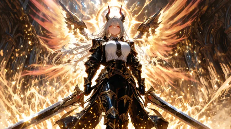 divine light magic, radiant aura,sacred energy, halo,Masterpiece, best quality, professional photography, ultra detailed,engraved,magic effect, girls are walking. detailded dragon red eyes, girls has dignified expression, detailded face, One girl is wearin...