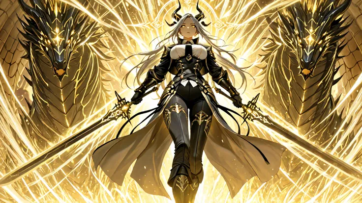 divine light magic, radiant aura,sacred energy, halo,Masterpiece, best quality, professional photography, ultra detailed,engraved,magic effect, girls are walking. detailded dragon eyes, girls has dignified expression, One girl is wearing black gauntlets on...