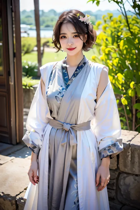 ( TOP QUALITY、 Masterpiece、 high resolution、 please understand ), ( 1 woman:1.5), ((45 years old )), ( eyeliner、 I'm looking at beautiful faces in detail)、( thick brown hair 、 short hair:1.8、 short unkempt hair 1 .3、 curly hair :1.2)、 gre...