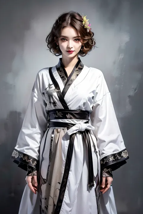 ( TOP QUALITY、 Masterpiece、 high resolution、 please understand ), ( 1 woman:1.5), ((45 years old )), ( eyeliner、 I'm looking at beautiful faces in detail)、( thick brown hair 、 short hair:1.8、 short unkempt hair 1 .3、 curly hair :1.2)、 gre...