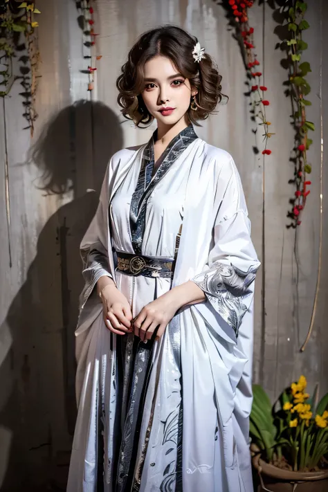 ( TOP QUALITY、 Masterpiece、 high resolution、 please understand ), ( 1 woman:1.5), ((45 years old )), ( eyeliner、 I'm looking at beautiful faces in detail)、( thick brown hair 、 short hair:1.8、 short unkempt hair 1 .3、 curly hair :1.2)、 gre...