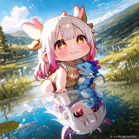 1girl, chibi、cute、THE BEST DETAILS、(((Highest Quality、Masterpiece、Super Detailed、CG、OFFICIAL ART)))、(((I'm looking at a baby dragon and myself reflected in the lake)))、Heartwarming、cute、In the great outdoors、bold outline neon color、