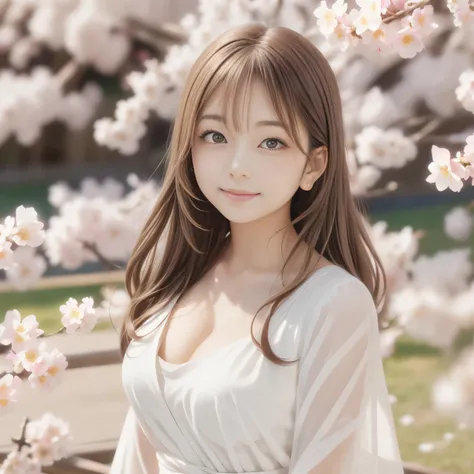 masterpiece, best quality, ultra high res, 1girl, anime style, upper body to waist-up, soft and warm spring lighting, under the blooming cherry blossom trees, gentle falling petals, natural light brown hair with soft waves, brown eyes, soft smiling express...
