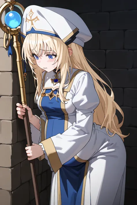 (Best quality, 4k, 8k, high resolution, masterpiece:1.2), ultra detailed, intricate details, beautiful girl, SOLO,  alone, bangs, small-medium breasts, perfect smooth skin, head tilted, (Pregnant:1.0), white and blue cleric robe with gold  and details, spl...