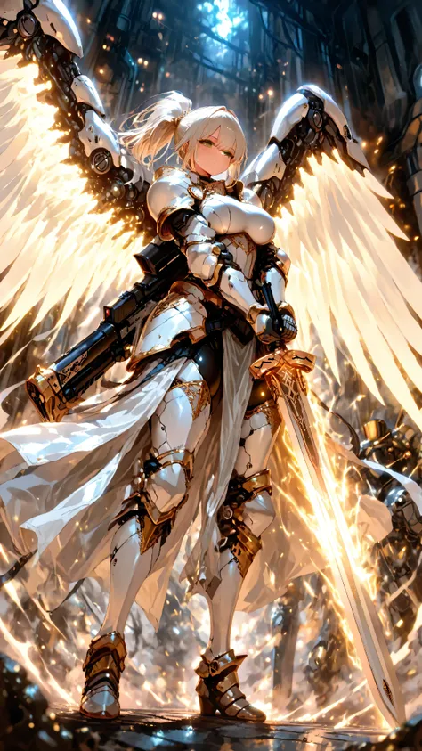 Masterpiece, best quality, professional photography, ultra detailed, cute knight girl,  breast, full body description, feminine curves, a girl with over half of her body mechanized, machine-made boots, Excalibur is long huge sword, Long sword, huge sword, ...