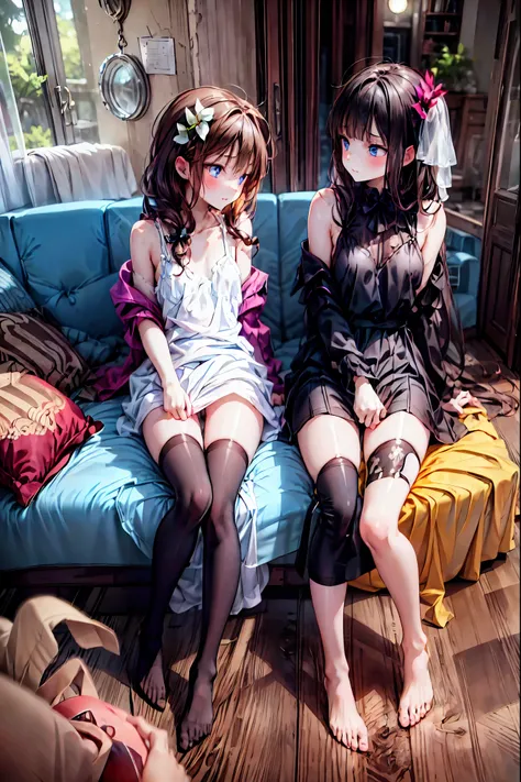 -Yuri , multiple girls, 2 Girls, Yuri, dress, Put your hands on the couch, Long Hair, {{kissu, plant, close her eyes , window , indoor, sitting, blurry foreground, on Put your hands on the couch, white dress, blurry, throw out your shoulder...
