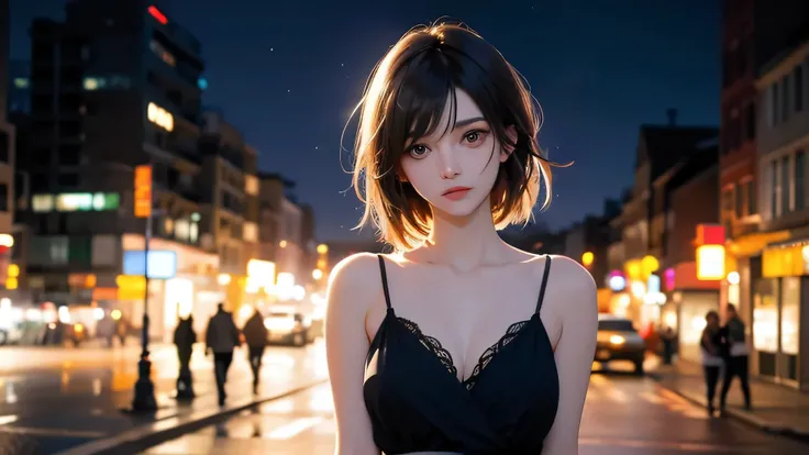 A 2.5D young woman, waist-up, standing under warm streetlights on a quiet night street, soft breeze moving her hair, distant city lights softly glowing, expression of gentle sadness and hope, cinematic lighting, highly detailed, 16:9 aspect ratio, ultra hi...