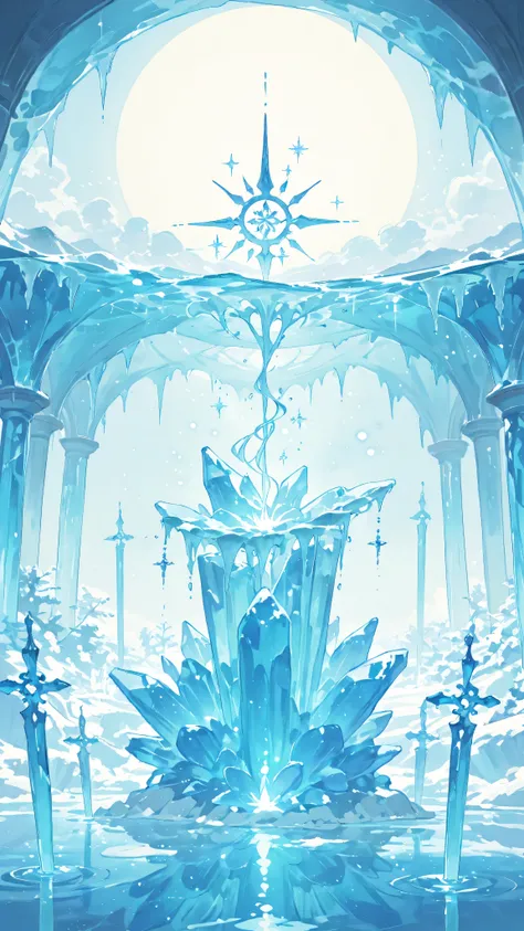 crystal-clear ice cave with intricate frozen textures, cascading beams of light streaming from an opening above, magical and serene atmosphere, shimmering blue and white tones, ultra detailed anime style, cinematic lighting, soft glowing particles in the a...