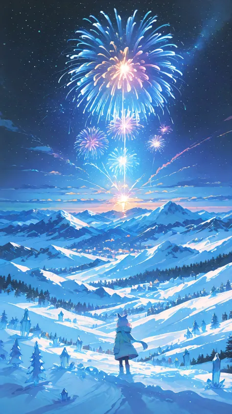 grand fireworks exploding over snowy mountain peaks, colorful reflections on the snow, crystal-clear starry night sky, magical winter atmosphere, ultra detailed anime style, vibrant and vivid colors, cinematic lighting, vertical composition, aspect ratio 1...