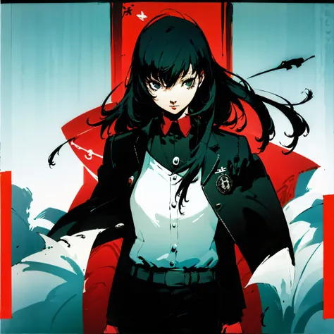 傑作, 最高品質, 高解像度, Solo shot, long-haired girl, black hair, shrine background, black blazer uniform, alone, red, black, white, gray motif. Positive: Alone, (ペルソナ 5:0.5)
 
