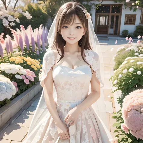 (masterpiece:1.3), (best quality:1.3), (ultra high res:1.2), 1girl, (beautiful young Japanese woman:1.3), (cute and elegant:1.25), wearing a (luxurious princess-line wedding dress:1.3), (soft pastel colors:1.2), (intricate lace and floral embroidery:1.25),...
