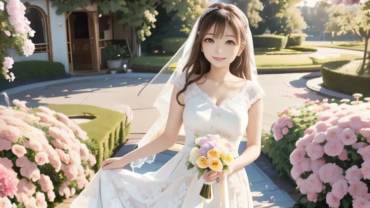 (masterpiece:1.3), (best quality:1.3), (ultra high res:1.2), 1girl, (beautiful young Japanese woman:1.3), (cute and elegant:1.25), wearing a (luxurious princess-line wedding dress:1.3), (soft pastel colors:1.2), (intricate lace and floral embroidery:1.25),...