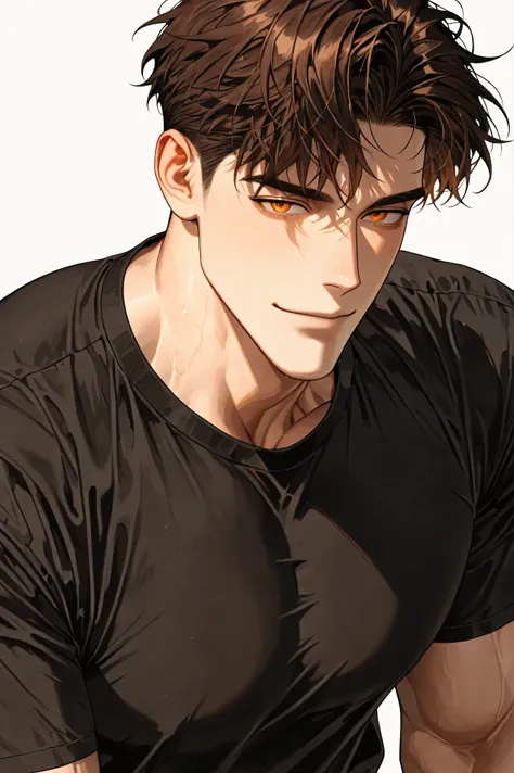 A handsome Korean adult male with brown hair and orange eyes has a firm, gentle, and soft impression, wears a black short-sleeved T-shirt with a caring smile, and has a muscular body with a bear-like masculine feel., close-up, white background
