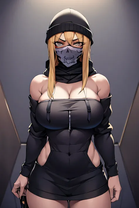 ultra detailed portrait, full body, tall muscular Mexican female gangster, age 28, shoulder-length yellow hair, wearing black knit cap and black ((hoodie)), skull mask covering mouth, large tired downtrodden eyes, serious and moody aura, fit chest and powe...