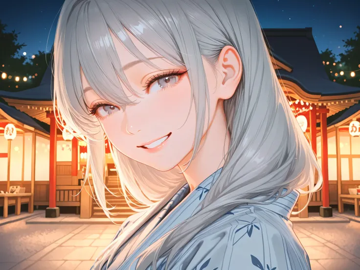 beautiful young girl,long gray hair,Wearing a yukata,Smiling Expression,Shrine,Night View of the Festival,calm atmosphere,4K high definition,delicate texture,precise texture,Realistic,portrait,soft focus,bokeh,Rich Colors,warm colors