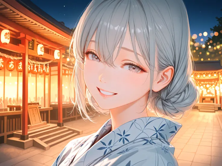 beautiful young girl,long gray hair,Wearing a yukata,Smiling Expression,Shrine,Night View of the Festival,calm atmosphere,4K high definition,delicate texture,precise texture,Realistic,portrait,soft focus,bokeh,Rich Colors,warm colors