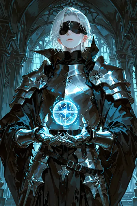 8k, beautiful masterpiece, looking ahead, alone, super pale skin, Perfect Eyes shape, Athletic Build, ((He wears: primarily black with silver accents = high collar Nazgul clothing with pointed shoulders and very wide sleeves, spiky steel cuirass, spiky ste...