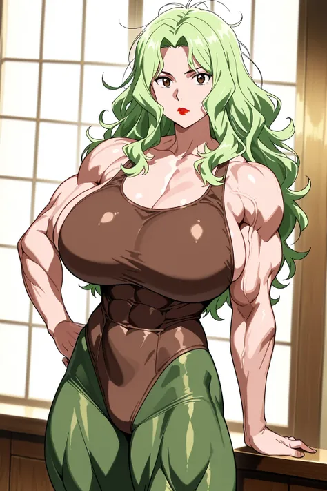 score 9 , score 8 up, score 7 up, source anime, 傑作, best quality, best image quality, best resolution, anime coloring, anime screencap, anime screenshot, 1woman, Close-up of a woman with long green hair, muscular and strong, make up, messy hair, lipstick, ...