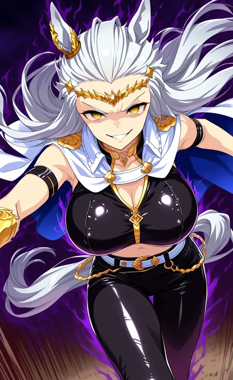 1female,solo,Ryuga,white hair,long hair,slicked-back hair,yellow eyes,empty eyes,evil grin,pride,horse ear,leen muscle,big boobs,tall,sexy,white cape,black crop top,black leather pants,gold neckless,gold armband,gold hairband,Dark Aura,run,speed,horse trac...