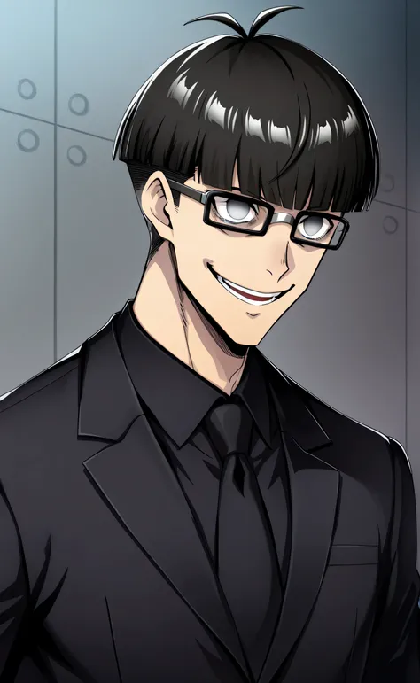 1male,solo,Jinpachi Ego,black hair,short hair,bo hair,under-cut hair,grey eyes,empty eyes,crazy smile,pride,black glasses,black suit,black shirt,black necktie,muscle,tall,school,[Style] Uma Musume: Pretty Derby