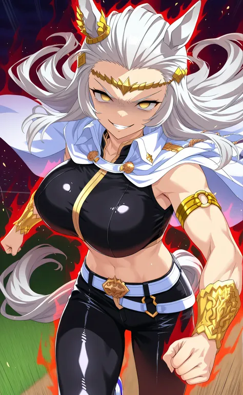 1female,solo,Ryuga,white hair,long hair,slicked-back hair,yellow eyes,empty eyes,evil grin,pride,horse ear,leen muscle,big boobs,tall,sexy,white cape,black crop top,black leather pants,gold neckless,gold armband,gold hairband,Dark Aura,run,speed,horse trac...