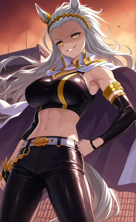 1female,solo,Ryuga,white hair,long hair,slicked-back hair,yellow eyes,empty eyes,evil grin,pride,horse ear,leen muscle,big boobs,tall,sexy,white cape,black crop top,black leather pants,gold neckless,gold armband,gold hairband,rooftop,japanese,tokyo,[Style]...