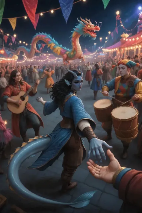 In the foreground, there is Kedra's human hand with dark blue-gray skin dressed in brown medieval pants and blue patterned. She is dancing, reaching out her hand in response.
In the foreground above, you can see a bright flashlight, very blurred and darken...