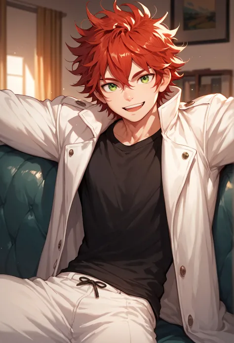 red hair, man, green eyes, white skin, strong, black shirt, focus on character, indoors, sitting on sofa, smiling, cheerful, messy hair, looking at viewer, anime style, athletic, white coat, young, open arms