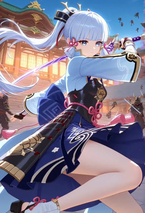Battlefield, surrounded by several enemies, Multiple characters, 1girl, ayaka kamisato\(genshin impact\), dynamic Fighting, japanese architecture, east asian architecture, outdoor, hyper detailed, high contrast, depth of field, ray tracing, best lighting, ...