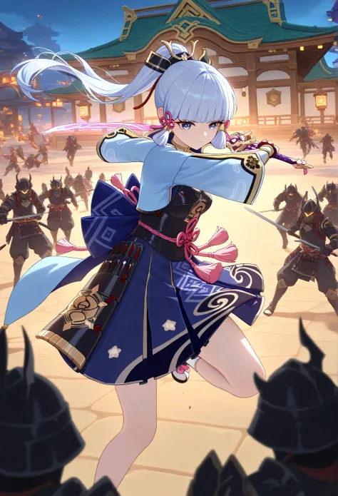 Battlefield, surrounded by several enemies, Multiple characters, 1girl, ayaka kamisato\(genshin impact\), dynamic Fighting, japanese architecture, east asian architecture, outdoor, hyper detailed, high contrast, depth of field, ray tracing, best lighting, ...