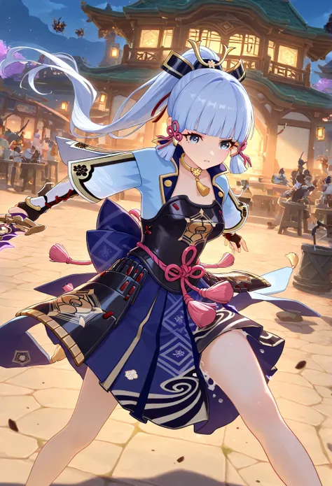 battlefield, are surrounded by several enemies, Multiple roles, 1 girl, Kamisato Ayaka\( Genshin\), Dynamic fighting, East Asian Architecture, outdoor, highly detailed, High Contrast, Depth of field, ray tracing,  best lighting , Cinematic Composition,  Pr...