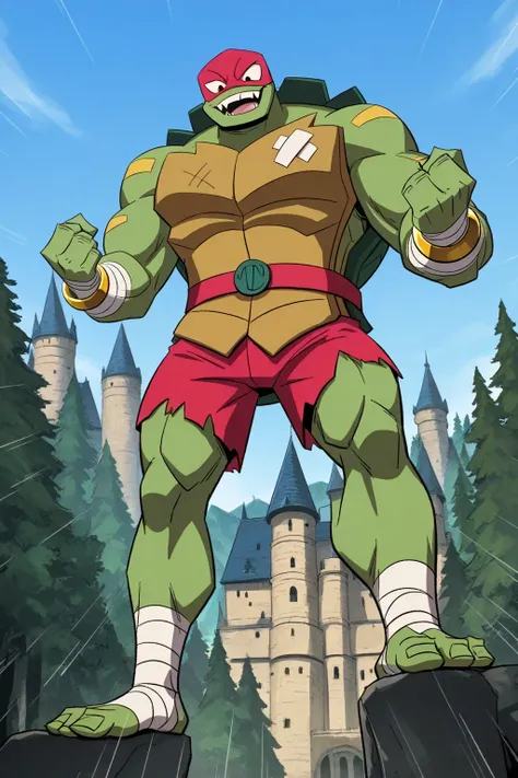 A giant muscles strong ninja turtle raphael, looking down, blue sky background, castle, micro background, forest background, mountains behind, score_9, score_8_up, score_7_up, smooth lines, soft shading, 2d, extreme detail, 4K 8K 24K, 1boy, solo, raph, mus...