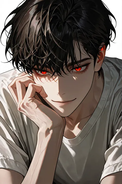 The handsome Korean man with dark hair and red eyes has a slender and soft impression, has a strange smile, wears a loose, comfortable style short-sleeved T-shirt, and is skinny., white background, close-up, Healthy skin tone