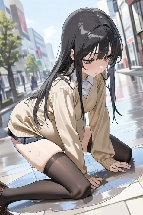 (Best quality, 4k, 8k, high resolution, masterpiece:1.2), ultra detailed, intricate details, beautiful girl, SOLO, alone, bangs, small-medium breasts, perfect smooth skin, head tilted, (Pregnant:1.2), long straight dark hair with bangs, brown eyes, wearin...