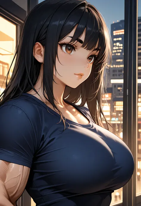 perfect face, feminine, black hair, black eyebrows, brown eyes, thin lips, dark blue shirt, (large breasts:1.2), (muscles), city