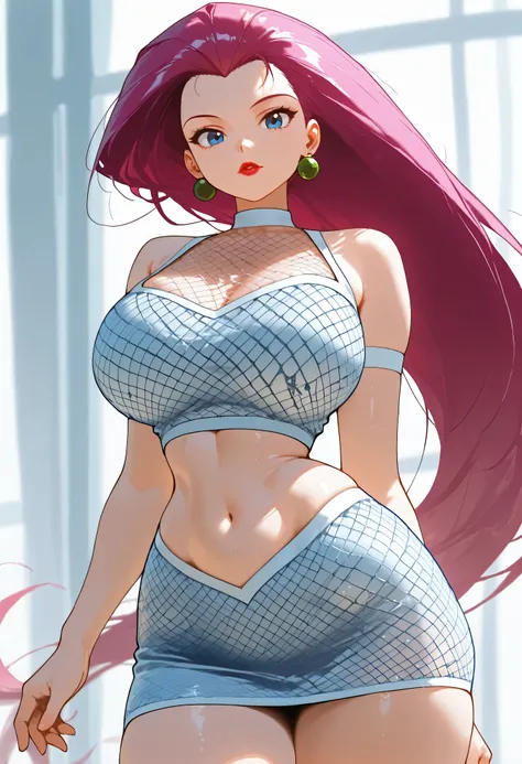 ((best quality)), ((masterpiece)), (detailed), Jessie ,  hot and sexy nude woman having large breasts and thick thighs, voluptuous figure, pink hair, long hair, Green earring, blue eyes, lipstick, bright sunshine, looking at viewer, wide hips, narrow waist...