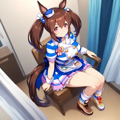 anime, lazypos, masterpiece, best quality, amazing quality, in fitting room, sitting in ornate chair, 1girl, solo, hishi akebono \(umamusume\), horse tail, horse girl, hair ribbon, hair bobbles, mini hat, white chocker, striped dress, blue dress, white apr...