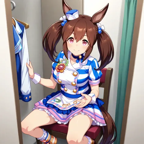 anime, lazypos, masterpiece, best quality, amazing quality, in fitting room, sitting in ornate chair, 1girl, solo, hishi akebono \(umamusume\), horse tail, horse girl, hair ribbon, hair bobbles, mini hat, white chocker, striped dress, blue dress, white apr...