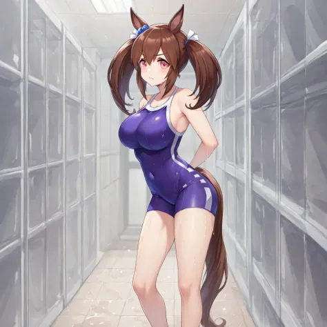 anime, lazypos, masterpiece, best quality, amazing quality, in pool changing room, 1girl, solo, hishi akebono \(umamusume\), horse tail, horse girl, large breasts, hair ribbon, hair bobbles, tracen swimsuit, bare shoulders, sleeveless,